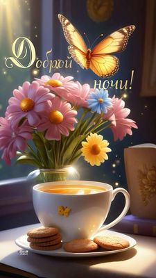 Открытка «Доброй ночи»: Доброй ночи: «Уютный вечер с чаем и букетом».