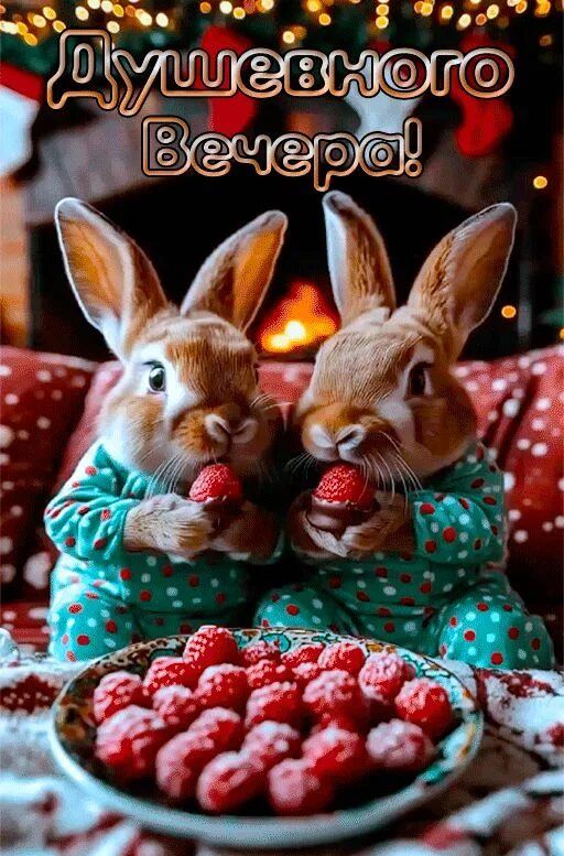 Открытка «Добрый вечер и пожелания»: Душевный вечер: Милые зайцы с малиной у камина. Тэги: Доброго, прекрасного вечера…
