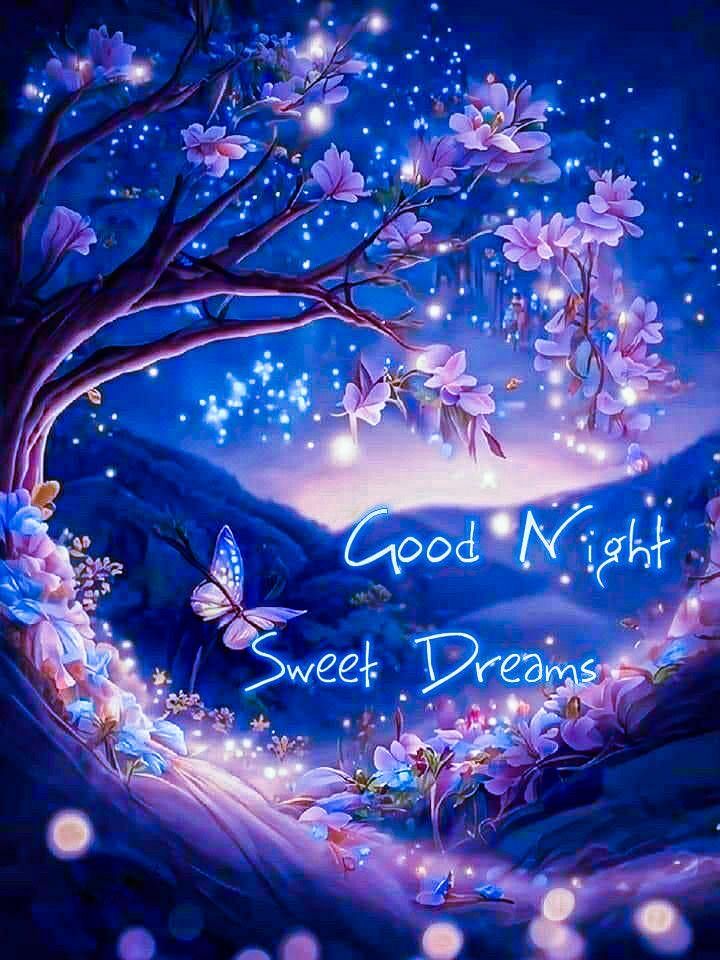 Открытка «Спокойной ночи»: Спокойной ночи: Волшебное дерево и бабочка в звездную ночь. Тэги: Спокойной ночи, красивые…