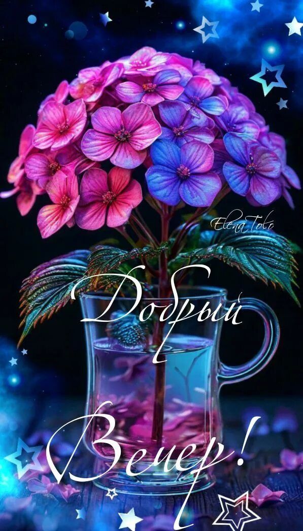 Открытка «Добрый вечер и пожелания»: Добрый вечер: «Волшебный букет гортензий со звездами». Тэги: Добрый вечер красив…