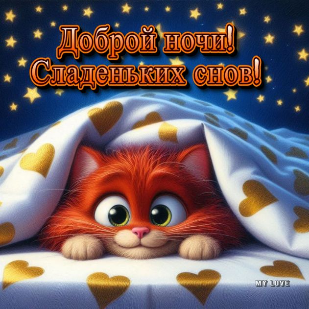 Открытка «Доброй ночи»: Доброй ночи: милый рыжий кот под одеялом.