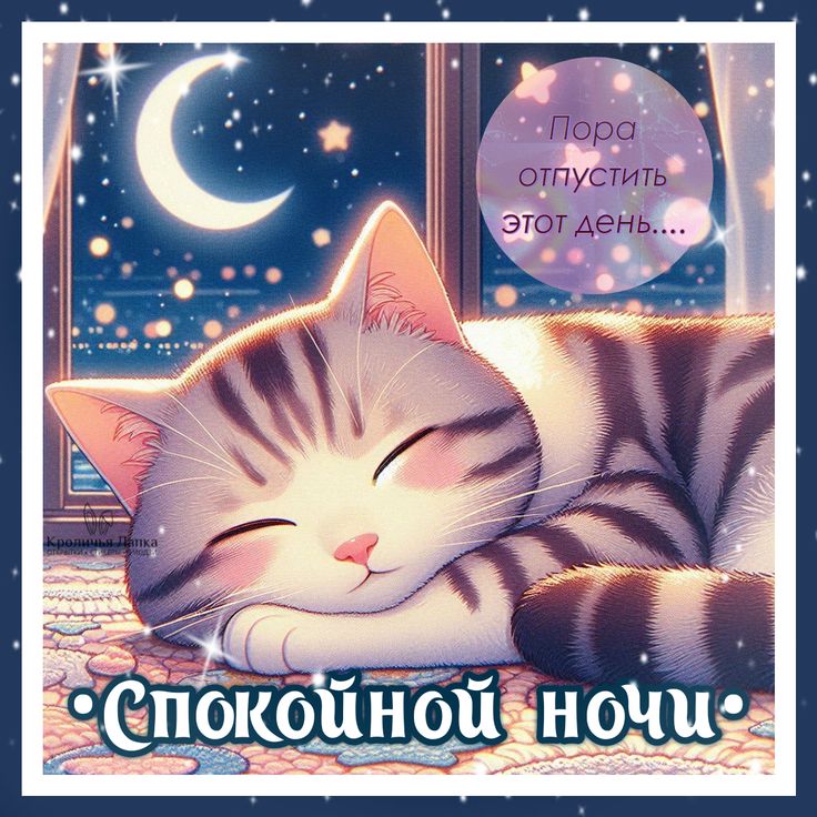 Открытка «Спокойной ночи»: Спокойной ночи: милый кот под лунным светом. Тэги: Спокойной ночи и добрых снов, Спокойной…