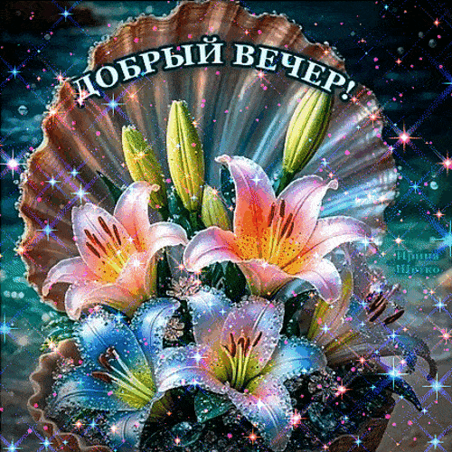 Открытка «Настроение»: Добрый вечер: красивые лилии в ракушке. Тэги: надпись, милый, сказочный, яркий, красивый…