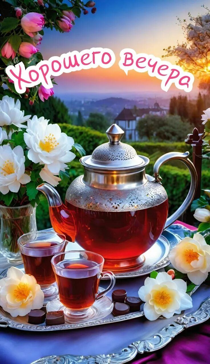 Открытка «Добрый вечер и пожелания»: Хорошего вечера: «Чай с цветами» для уюта. Тэги: Добрый вечер красивые, Добрый в…