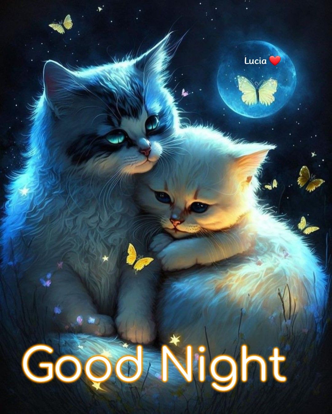 Открытка «Спокойной ночи»: Спокойной ночи: «Милые котики» под луной. Тэги: Спокойной ночи, красивые, Спокойной ночи…