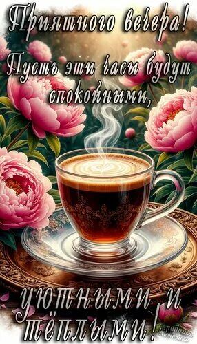 Открытка «Пожелание»: Добрый вечер: Уютная чашка с ароматными пионами. Тэги: кофе, чай, чашка, теплый, уютный, цветок…