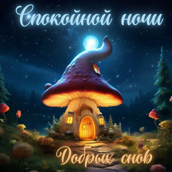 Открытка «Доброй ночи»: «Спокойной ночи»: Сказочный грибной домик под луной.