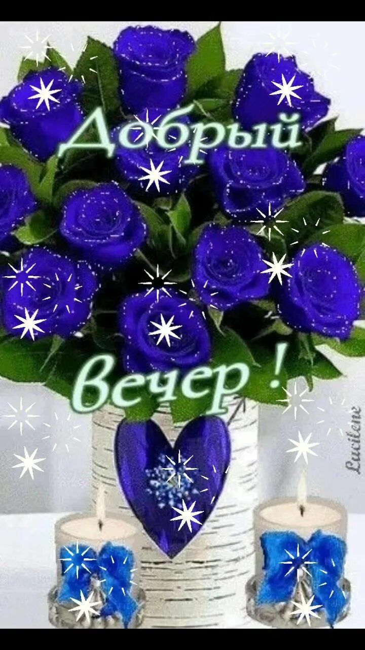 Открытка «Добрый вечер и пожелания»: Добрый вечер: романтичное пожелание с синими розами. Тэги: Добрый вечер красивые…