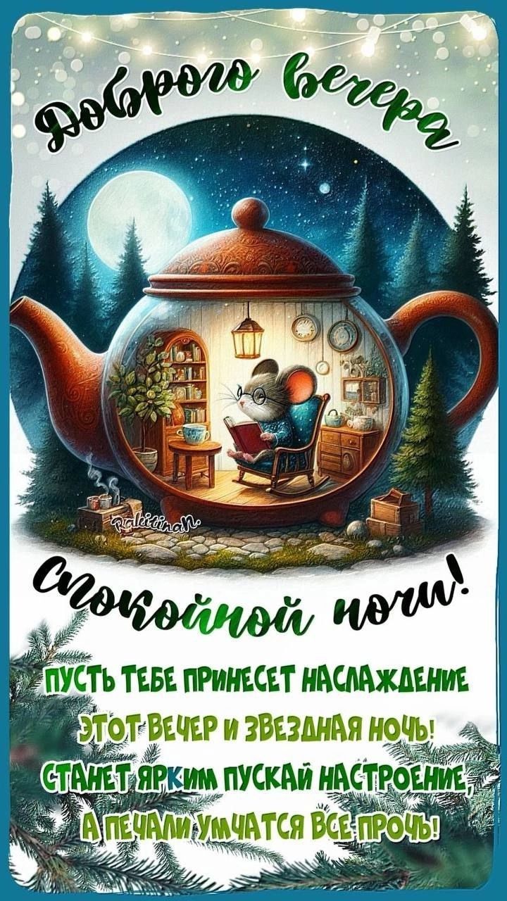Открытка «Спокойной ночи»: Доброго вечера и спокойной ночи: Уютный мир в чайнике. Тэги: Добрый вечер и пожелания…