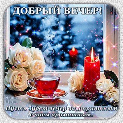 Открытка «Добрый вечер и пожелания»: Добрый вечер: Ароматный чай и белые розы у окна. Тэги: Добрый зимний вечер…