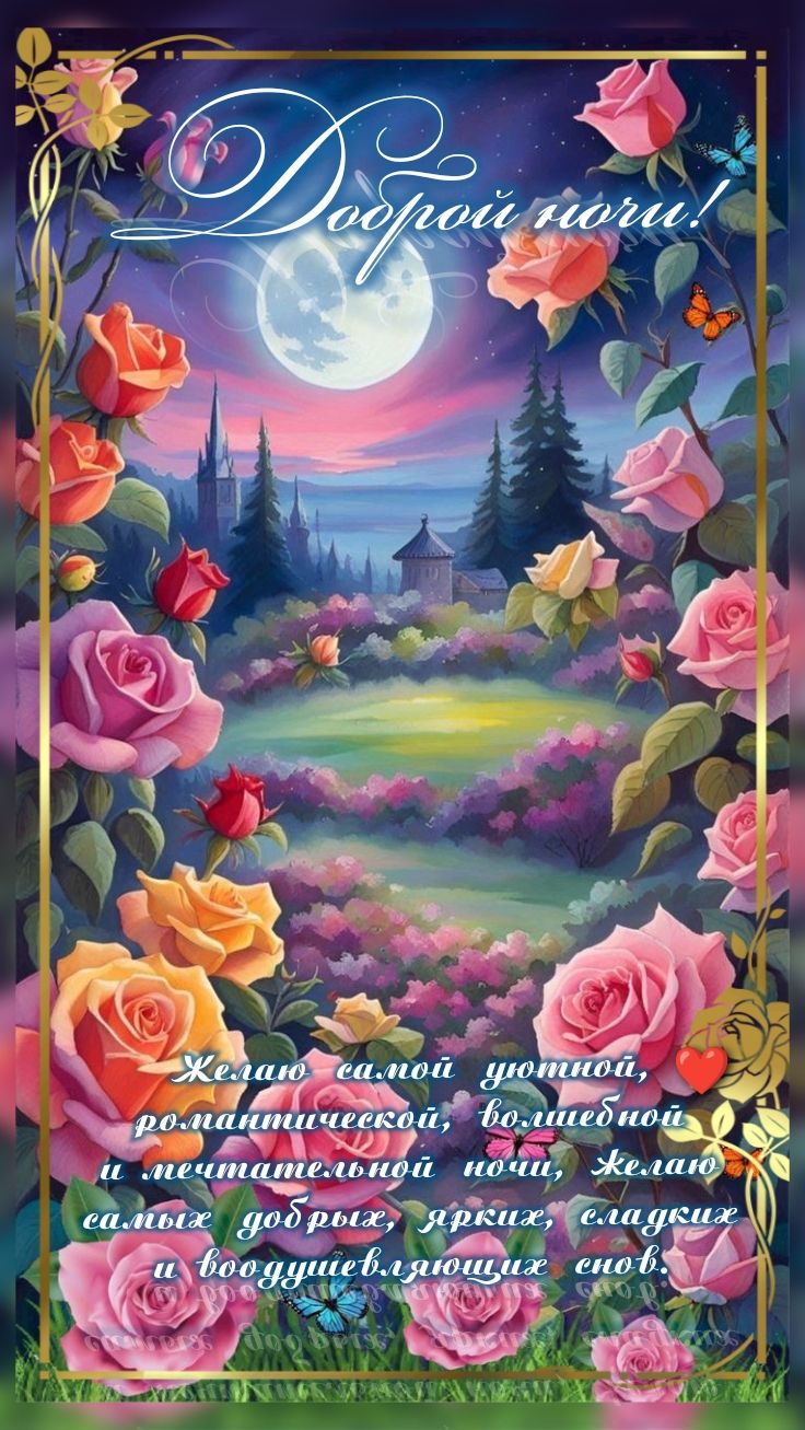 Открытка «Доброй ночи»: Доброй ночи: Романтическое пожелание с розами.