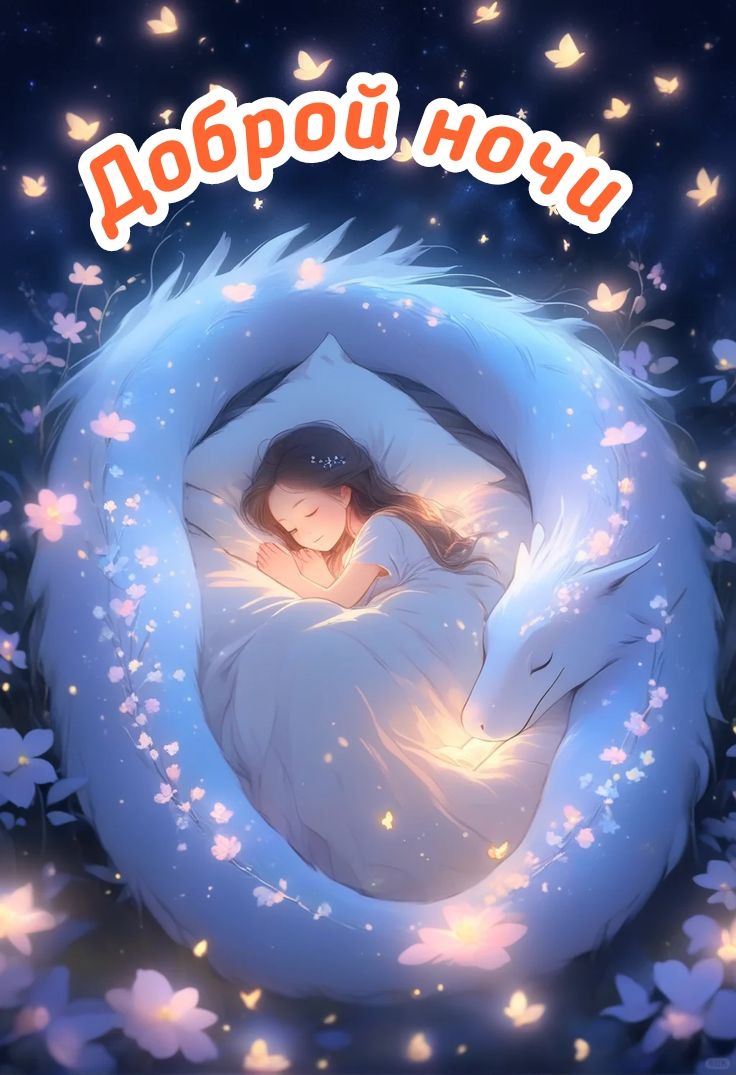 Открытка «Доброй ночи»: Доброй ночи: Уютный сон с белым драконом. Тэги: анимационный