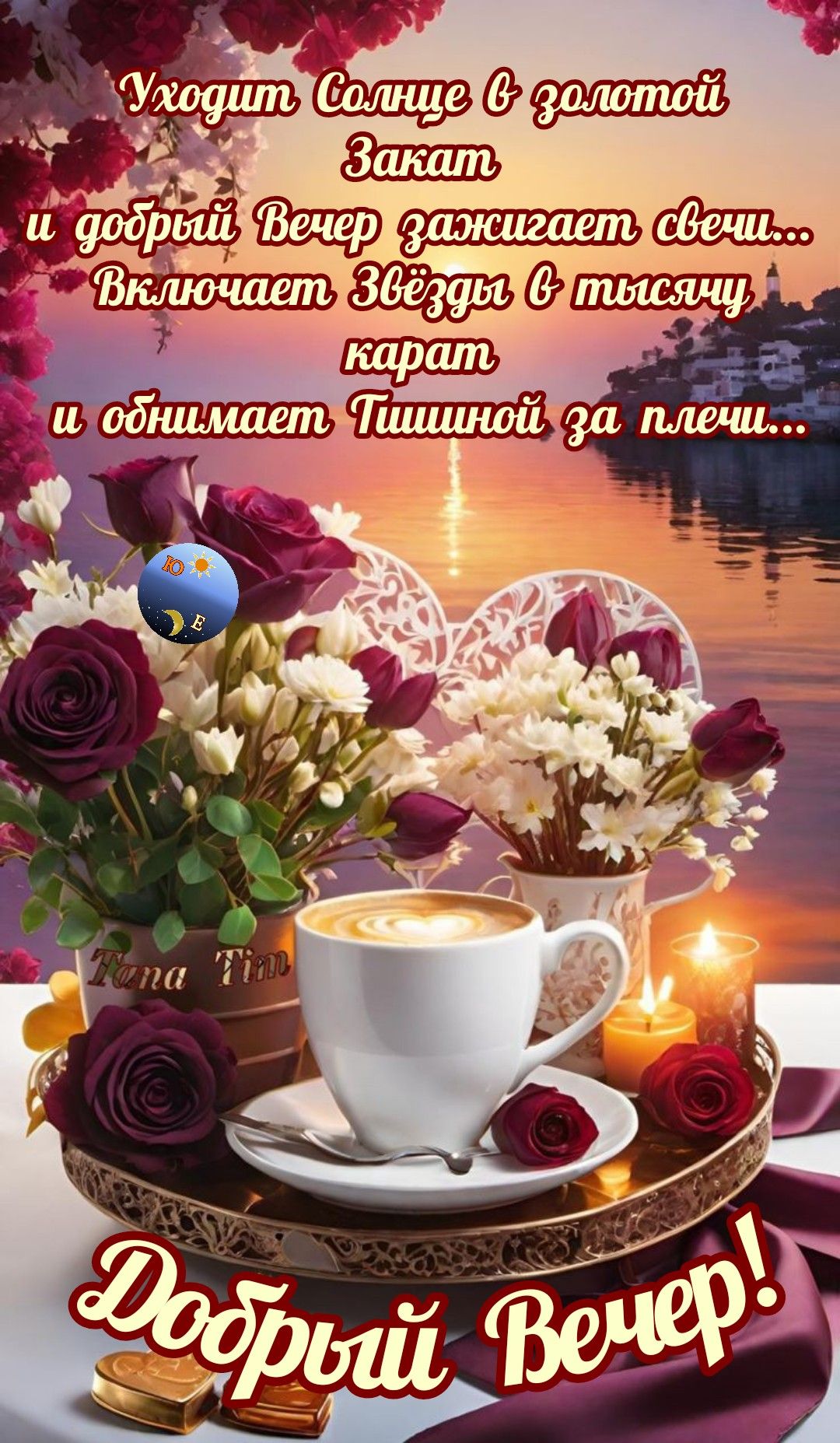 Открытка «Добрый вечер и пожелания»: Добрый вечер: Романтика свечей и кофейная пенка. Тэги: Добрый вечер красивые…