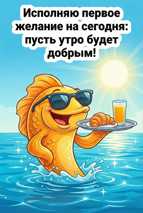 Открытка «С добрым утром»: С добрым утром от золотой рыбки: первое желание. Тэги: С добрым утром и пожеланиями…