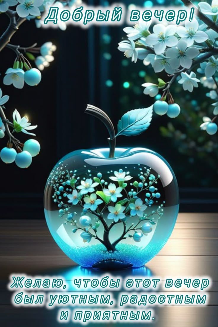 Открытка «Добрый вечер и пожелания»: Добрый вечер: волшебное яблоко с цветущим садом. Тэги: Добрый вечер красивые…