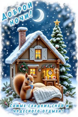Открытка «Доброй ночи»: Доброй ночи: Милая белка в зимнем домике.