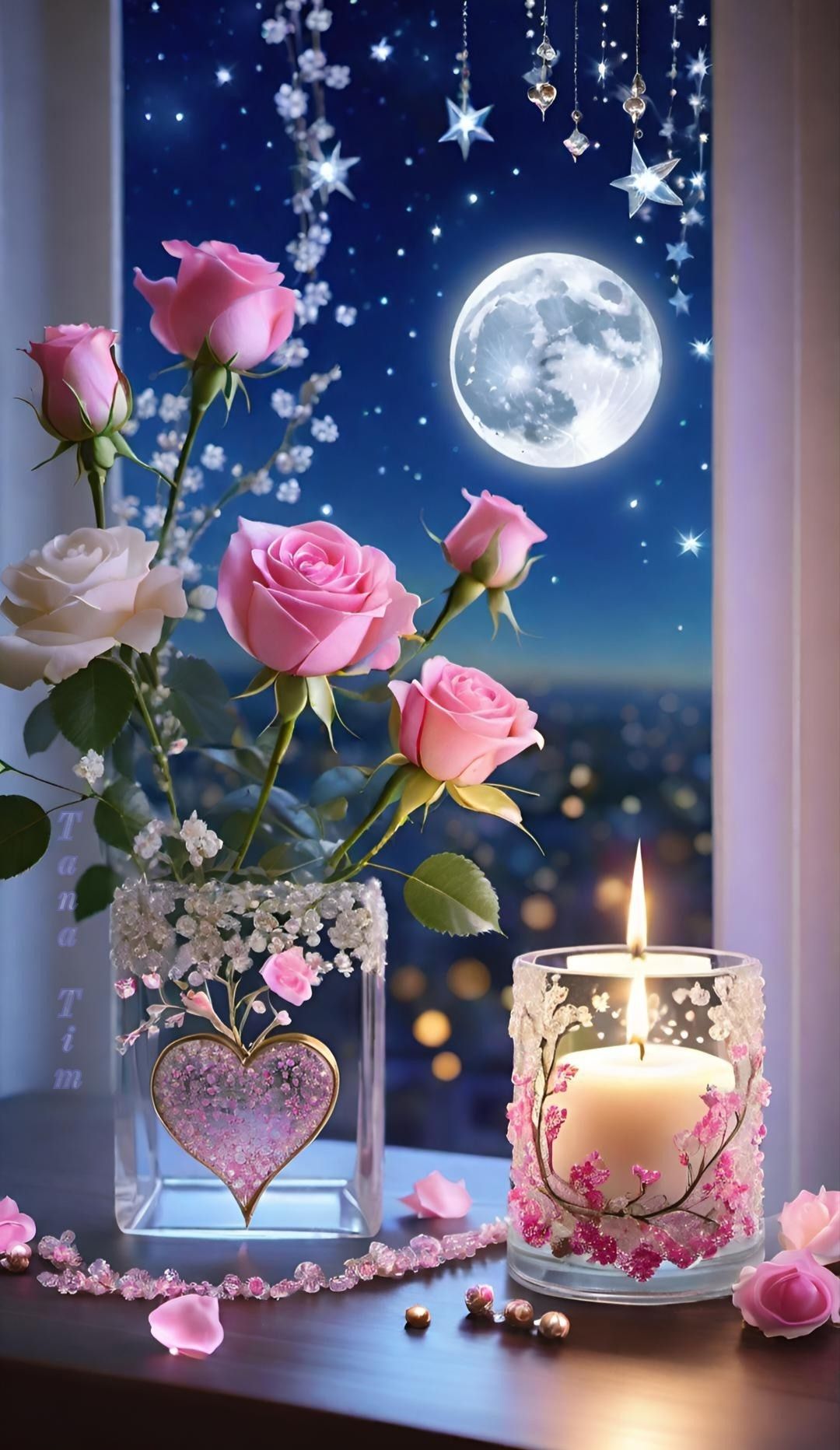 Открытка «Добрый вечер и пожелания»: Добрый вечер: розы и свеча на фоне луны. Тэги: Добрый вечер красивые, Добрый веч…