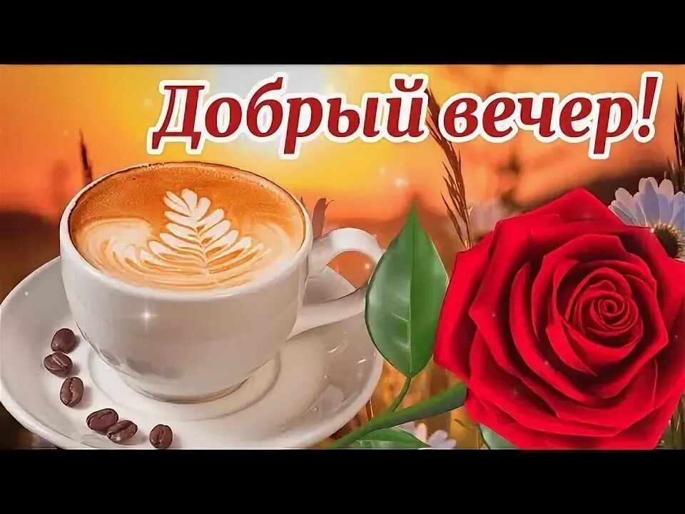 Открытка «Надпись»: Добрый вечер: чашечка кофе и красная роза. Тэги: кофе, чашка, привет, красивый, роза, цветок, лист…