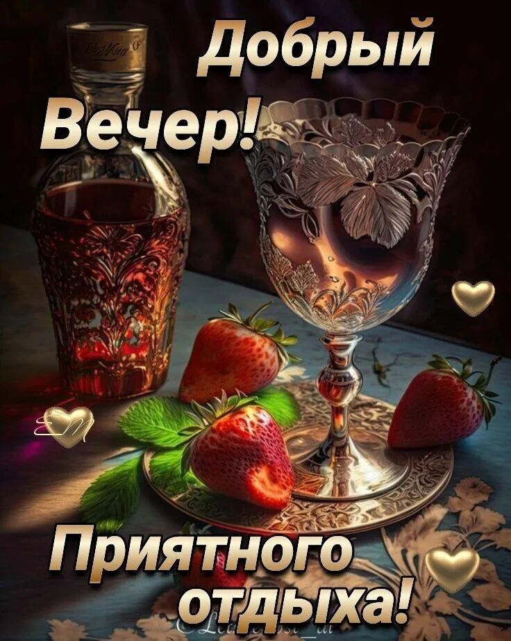 Открытка «Пожелание»: Добрый вечер: Открытка с бокалом и клубникой. Тэги: сердце, ягода, красивый, отдых, бокал…