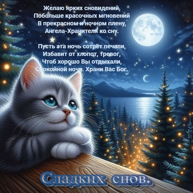 Открытка «Спокойной ночи»: Спокойной ночи: милый кот и лунный пейзаж. Тэги: Спокойной ночи, красивые, Спокойной ночи…