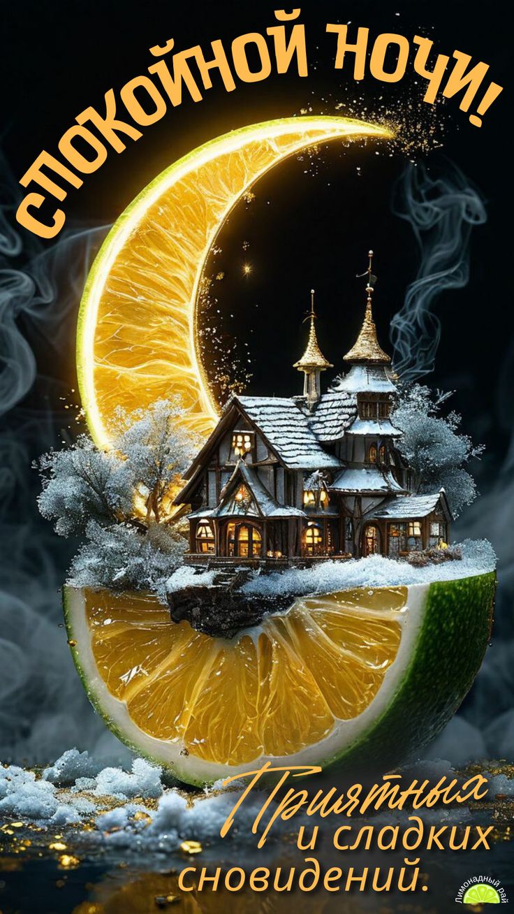 Открытка «Спокойной ночи»: Спокойной ночи: Уютный домик в апельсиновой луне. Тэги: Спокойной ночи, красивые, Спокойно…