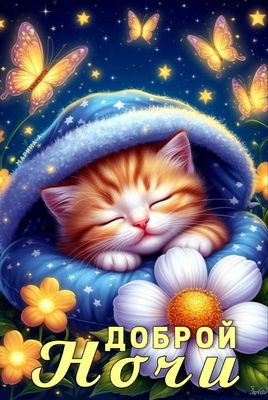 Открытка «Доброй ночи»: Доброй ночи: милый сонный котик в волшебном колпаке.