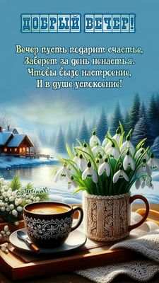 Открытка «Добрый вечер и пожелания»: Добрый вечер: «Уютные пожелания со снежными подснежниками». Тэги: Добрый зимний…