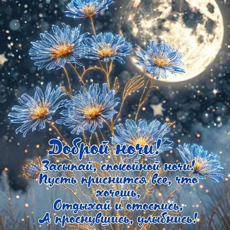Открытка «Доброй ночи»: Доброй ночи: красивые цветы и полная луна.
