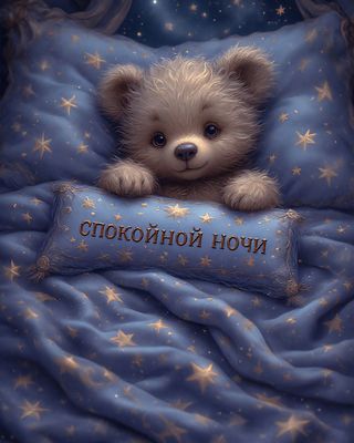 Открытка «Спокойной ночи»: Спокойной ночи: милый медвежонок под звездным одеялом. Тэги: Спокойной ночи, красивые…