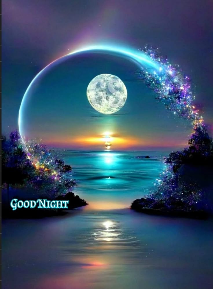Открытка «Доброй ночи»: Доброй ночи: открытка с волшебным пейзажем и луной.