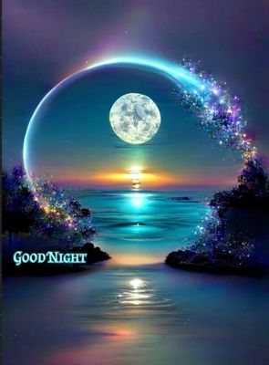 Открытка «Доброй ночи»: Доброй ночи: открытка с волшебным пейзажем и луной.
