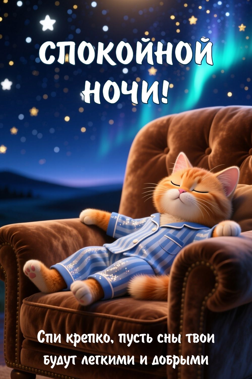 Открытка «Спокойной ночи»: Спокойной ночи: милый кот спит в кресле. Тэги: проза, Спокойной ночи, красивые, Спокойной…