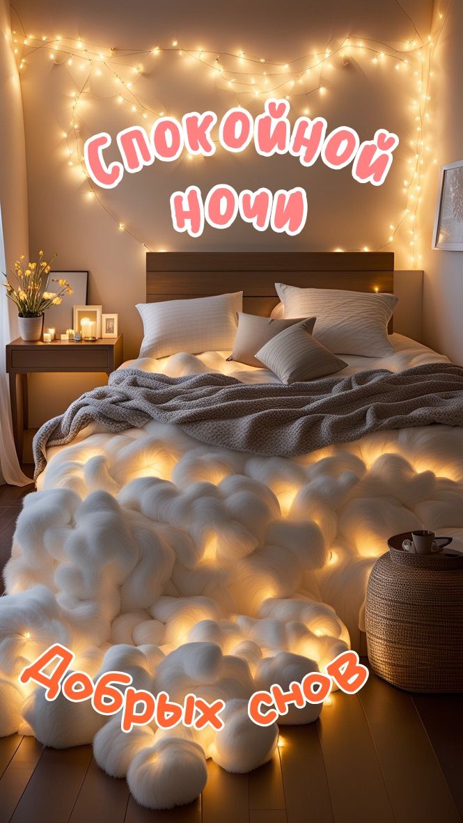 Открытка «Спокойной ночи»: Спокойной ночи: уютная спальня и добрые сны. Тэги: Спокойной ночи, красивые, Спокойной ночи…