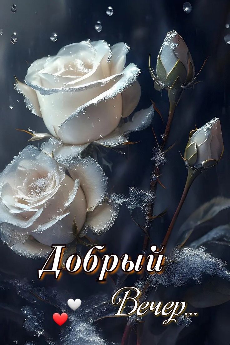 Открытка «Добрый вечер и пожелания»: Открытка добрый вечер с красивыми белыми розами. Тэги: Добрый вечер красивые…