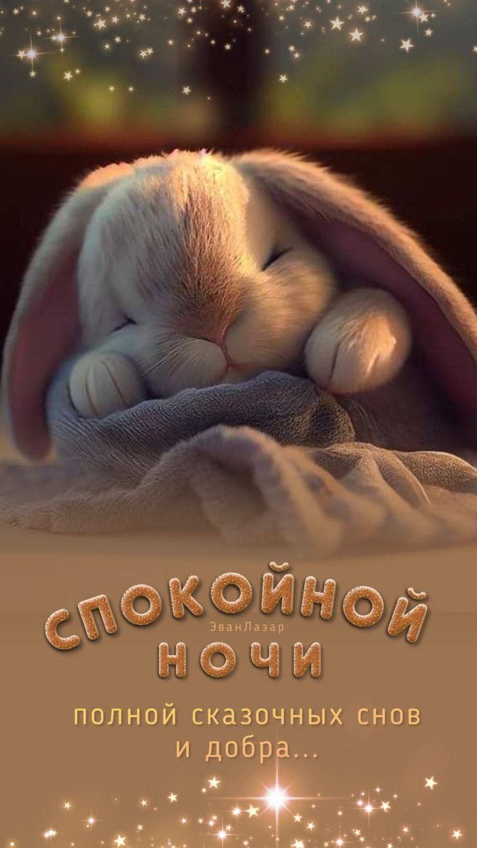 Открытка «Спокойной ночи»: Спящий зайка на открытке «Спокойной ночи». Тэги: Спокойной ночи, с пожеланиями, Спокойной…