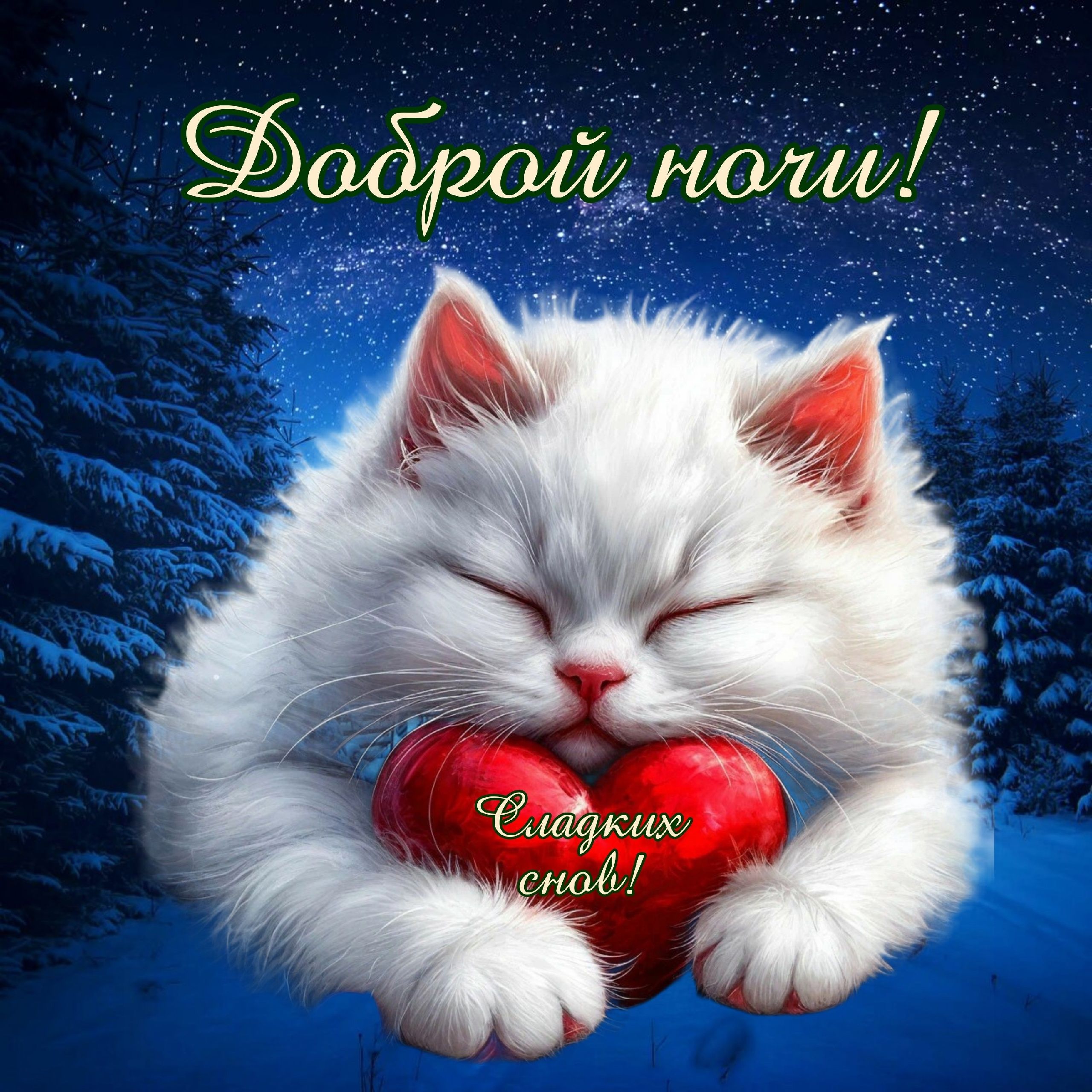 Открытка «Доброй ночи»: Доброй ночи: Милый спящий кот с сердцем.