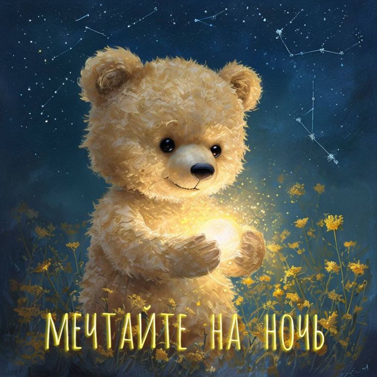 Открытка «Доброй ночи»: Доброй ночи: волшебный мишка со светящимся шариком. Тэги: созвездие