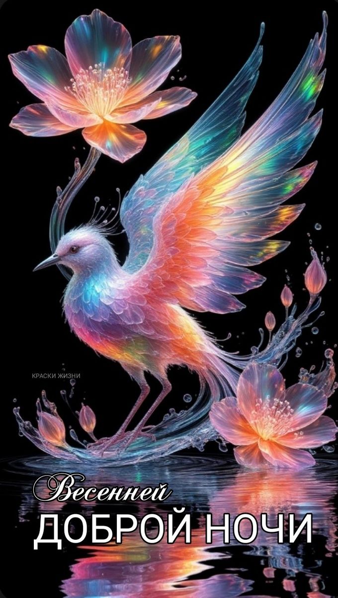 Открытка «Доброй ночи»: Весенней доброй ночи: сказочная птица и цветы.