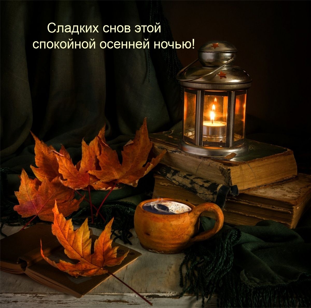 Открытка «Доброй ночи»: Доброй ночи: Сладких снов в осеннем уюте.