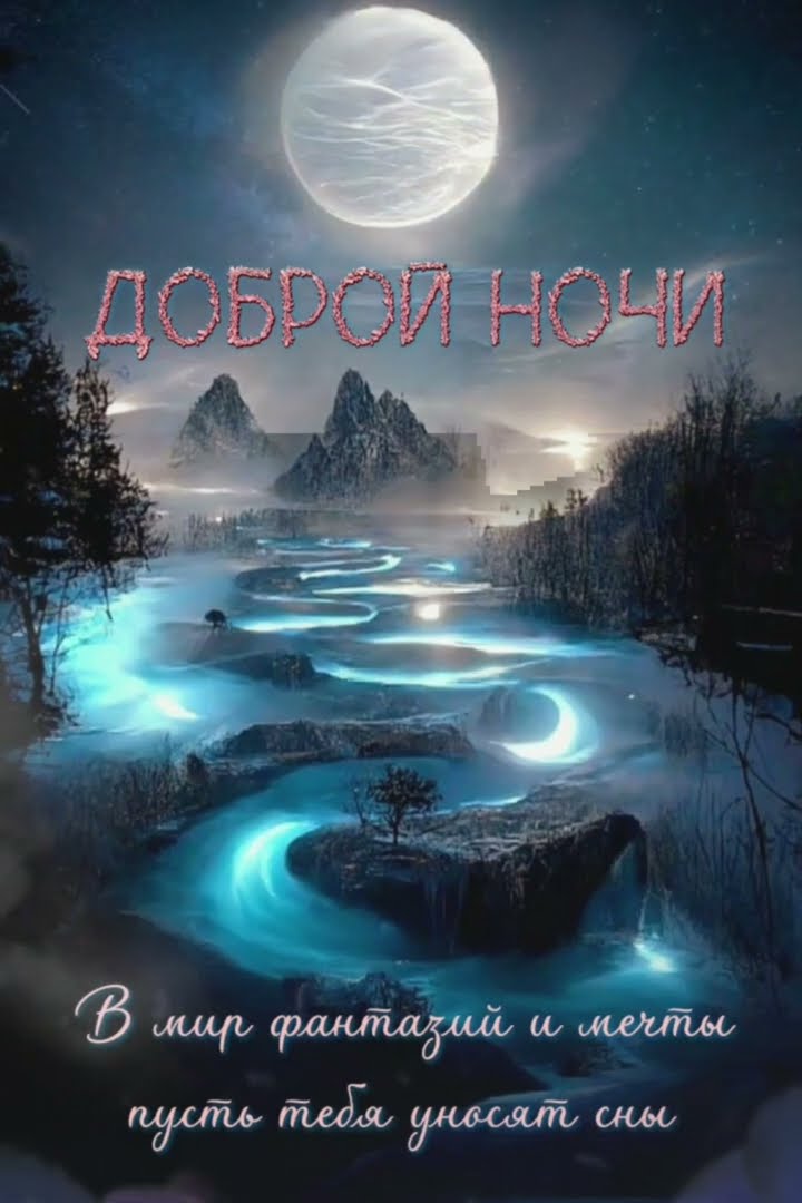 Открытка «Доброй ночи»: Доброй ночи: волшебная река и лунный свет.