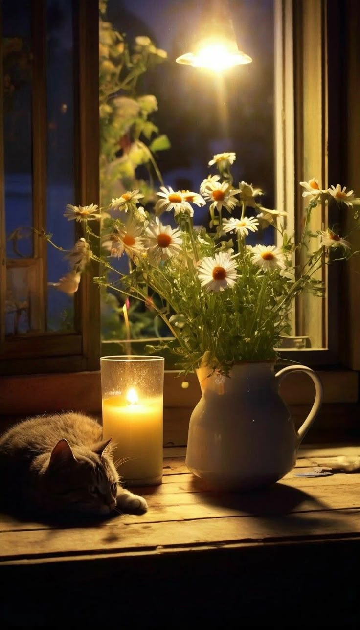 Открытка «Добрый вечер и пожелания»: Добрый вечер: Кот спит рядом с букетом ромашек. Тэги: Добрый вечер красивые…