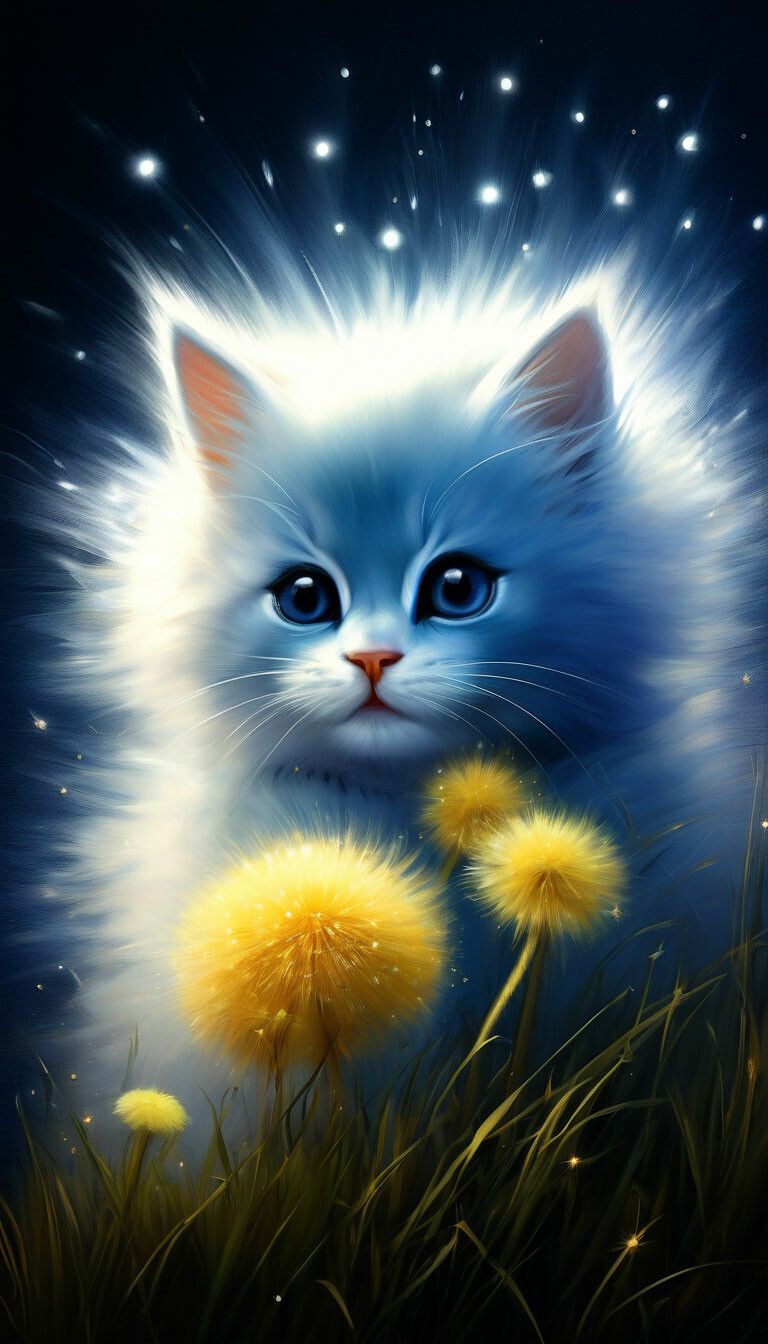 Открытка «Доброй ночи»: Доброй ночи: Сказочный котенок и одуванчики. Тэги: кот, милый, животное, красивый, нежный…