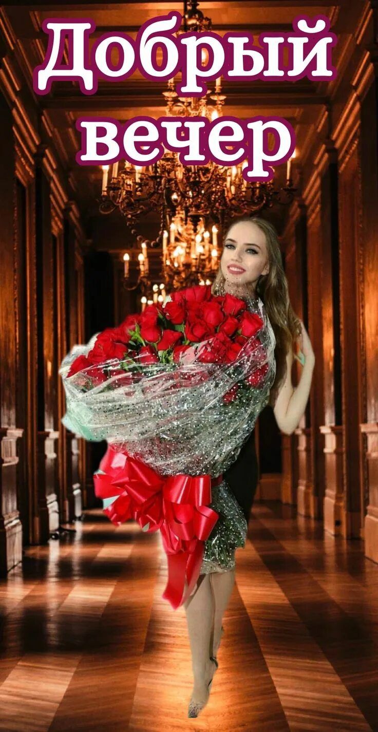 Открытка «Пожелание»: Добрый вечер: Красивая открытка с букетом алых роз. Тэги: настроение, женщина, праздник, красив…