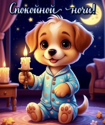 Открытка «Доброй ночи»: Спокойной ночи: Милый щенок со свечой. Тэги: Спокойной ночи, ночной, Доброй и спокойной ночи…
