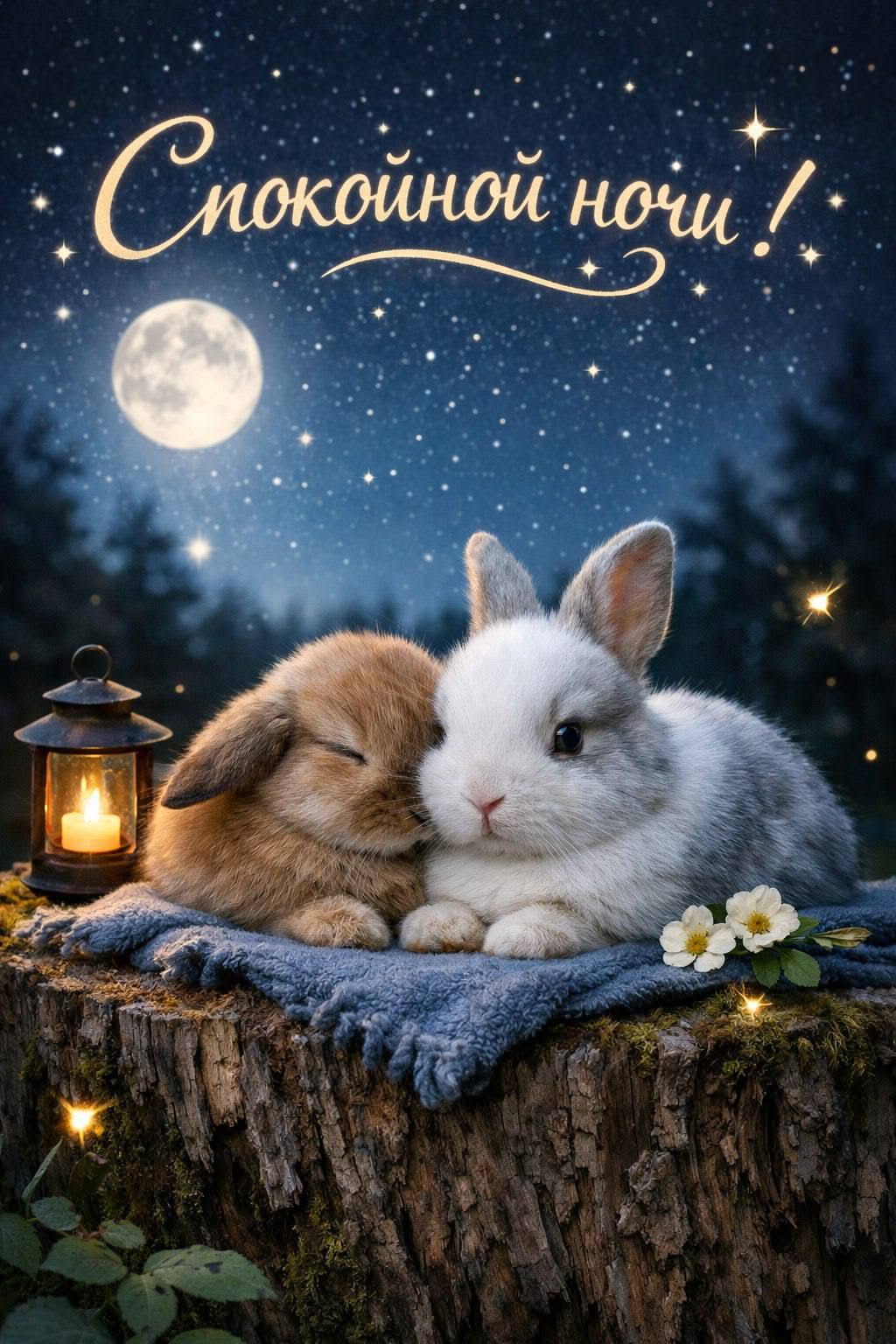 Открытка «Спокойной ночи»: Милая открытка «Спокойной ночи» с уютными зайчатами. Тэги: Спокойной ночи, красивые…