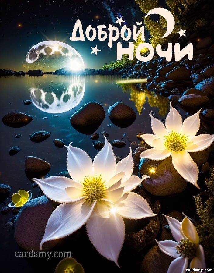 Открытка «Доброй ночи»: Доброй ночи: красивый пейзаж с цветами и луной.