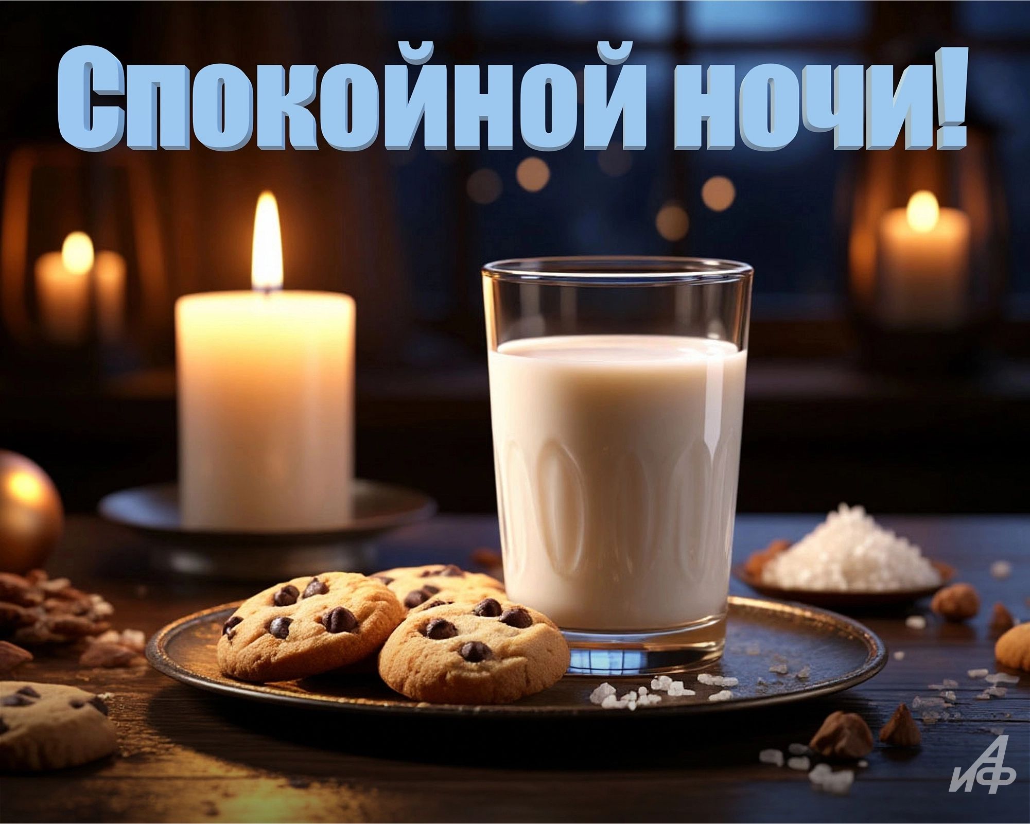 Открытка «Спокойной ночи»: Спокойной ночи: молоко и печенье при свечах. Тэги: Спокойной ночи, с пожеланиями, Спокойно…