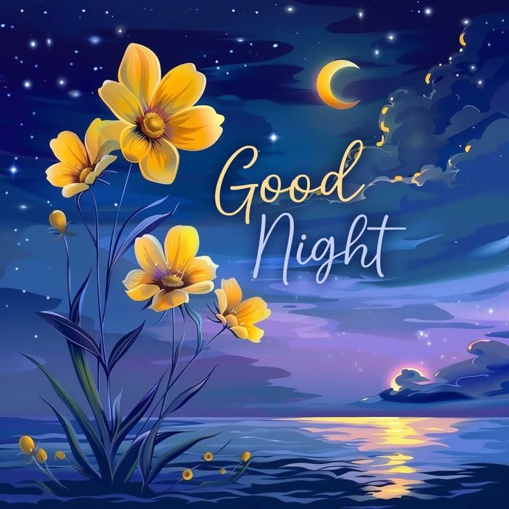 Открытка «Доброй ночи»: Доброй ночи: волшебный пейзаж с луной и цветами.