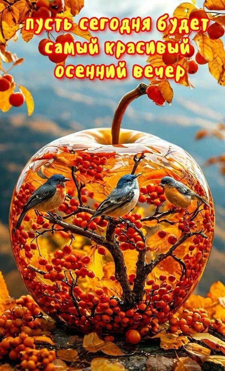 Открытка «Добрый вечер и пожелания»: Добрый вечер: «Красивый осенний пейзаж» с рябиной. Тэги: Добрый вечер красивые…