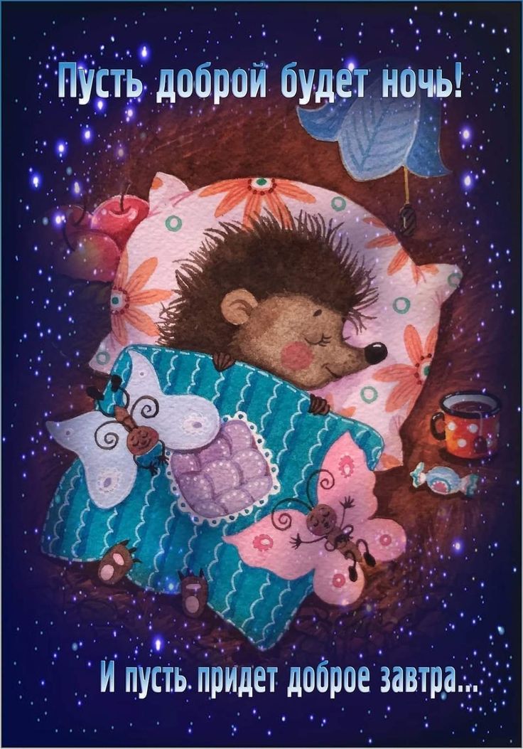 Открытка «Доброй ночи»: Доброй ночи: Милый спящий ёжик под звездным небом.